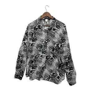 Womens Tunic Top Sz XL Floral Button Up Sheer Long Sleeve Crinkle Office Popover